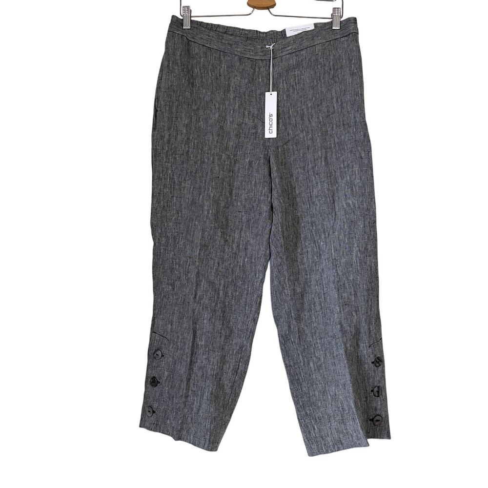 CHICO'S 100% Linen Pull On Button Hem Crop Pant in Black White Size 12
